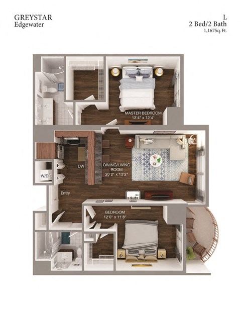Floor plan for 2 beds, 2 baths, 1166 sqft